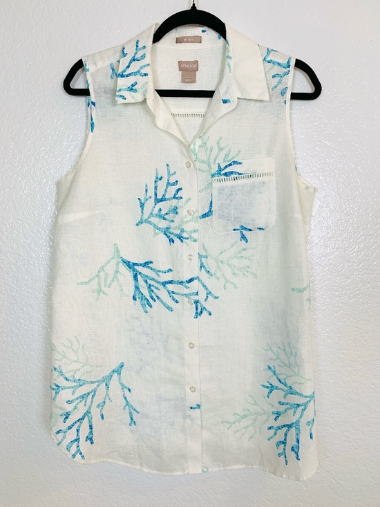 Chico's Tops - Chico's Linen Sleeveless Button Down Top Size 1/Medium 8-10 Blue Coral Print